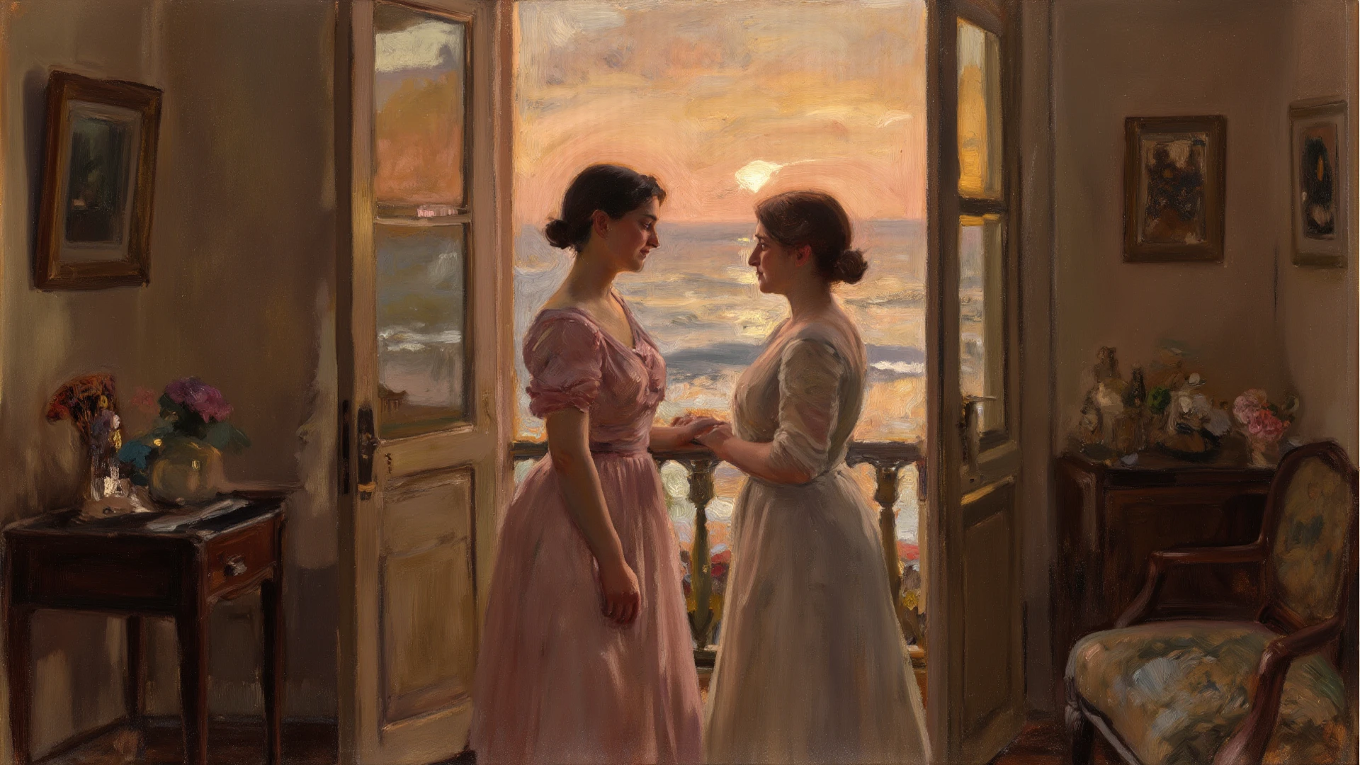 two sexy women in lace dresses celebrate and laugh, they carry flowers, we see them between four wooden posts, moon (art inspired by Bill Sienkiewicz, intricate details, oil painting)