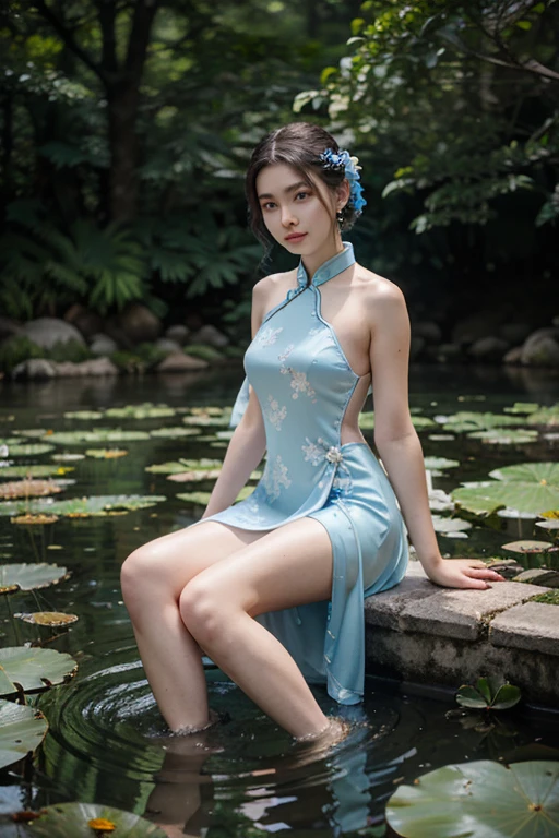 Sitting by a lake full of lotus flowers, feet playing in the water, the art depicts a charming woman with a melon face, dressed in a flowing, silky traditional oriental dress, long, aqua blue, decorated with intricate patterns and bright colors. Her dress drapes elegantly over her curvy figure, accentuating her seductive silhouette. She sits gracefully by the tranquil lotus lake, her feet playing in the water, bathed in the soft glow of the moonlight. The scene exudes an ethereal and dreamy atmosphere, with a touch of mystery and sexiness. The graphic style blends watercolor and digital illustration techniques to evoke a refined beauty and charm. The lights are filled with soft moonlight, casting soft highlights and shadows on her charming features. Bare thighs, big breasts, three-dimensional facial features, sitting, upturned legs, side braids