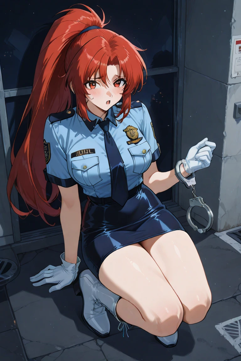 There is a woman in a police uniform, official, police official, (Yoshida Yuuko), sad police, Attire: cop, redhead woman, yoshida yuuko wearing a police uniform, high resolution commission, sheriff woman, Lois van Baarle y Rossdraws, bottomless, leotard blue, bare legs, sitting on a chair, (((his hands are behind his body)),((The whole body is tightly bound.)) in jail, tapegag,