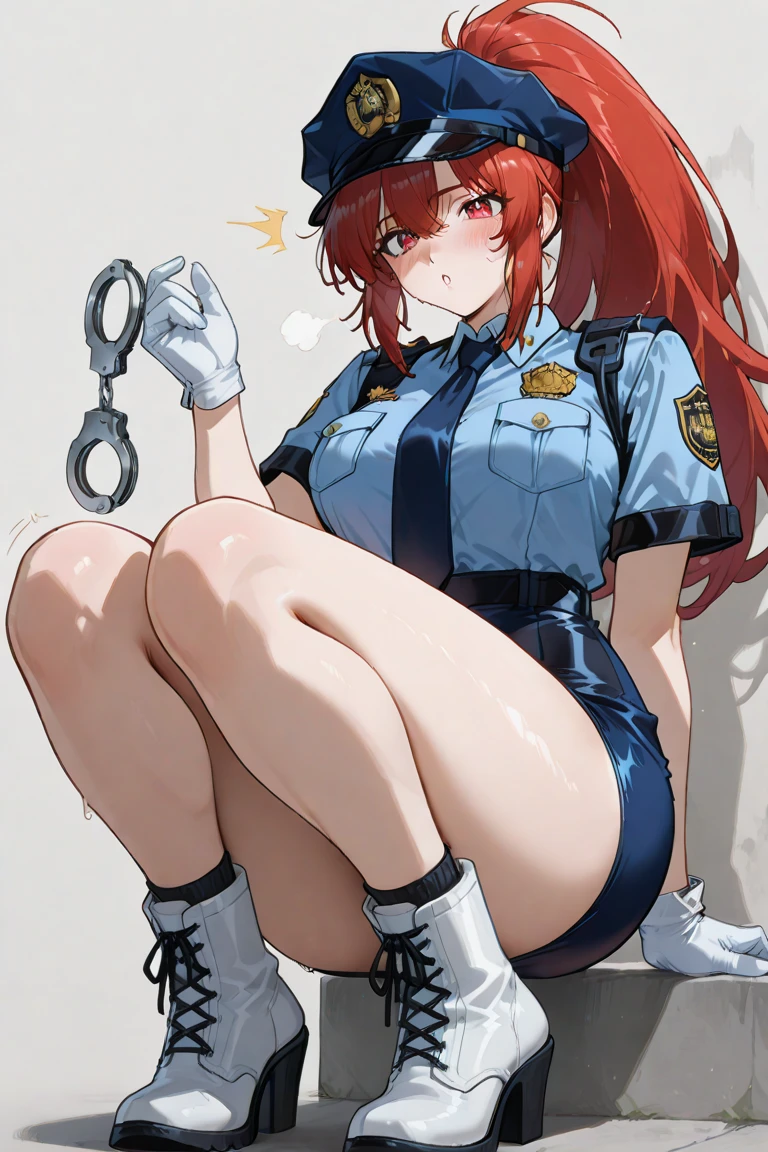 There is a woman in a police uniform, official, police official, (Yoshida Yuuko), sad police, Attire: cop, redhead woman, yoshida yuuko wearing a police uniform, high resolution commission, sheriff woman, Lois van Baarle y Rossdraws, bottomless, leotard blue, bare legs, sitting on a chair, (((his hands are behind his body)),((The whole body is tightly bound.)) in jail, tapegag,
