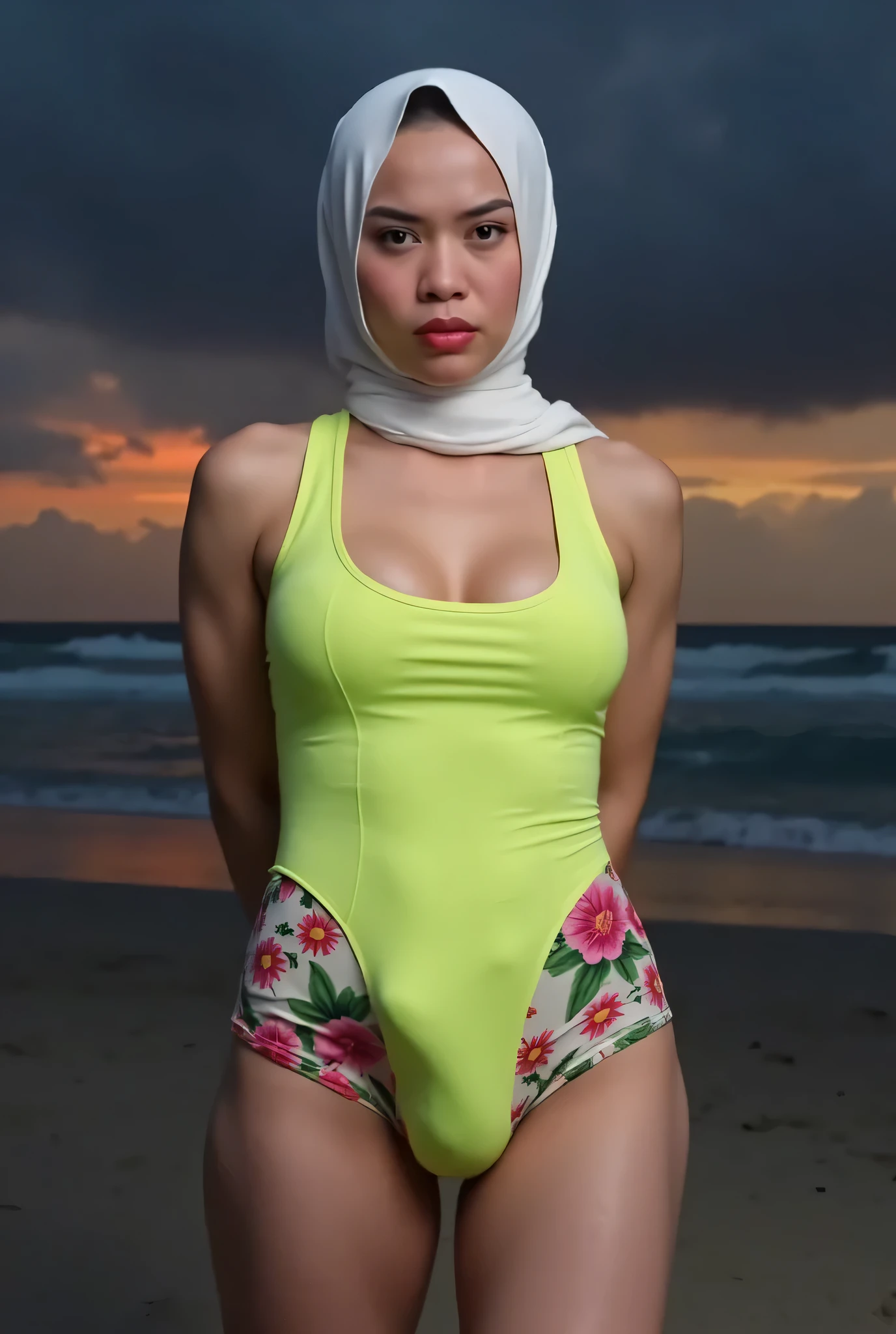 Long erect penis cock, Disappointed facial expression, Malay futanari Front posing, Wearing Scarf neck tie, Front posing, SUPER SKINNY, (Thighs and calves huge muscles), (((MOODY FACE EXPRESSION))), "Wearing Hijab perfectly", wearing Scoop Neck Sleeveless neon green Bodysuits singlet swimsuit 'flora print', (KEDUA BELAH TANGAN DILETAK LETAKKAN DIBELAKANG PUNGGUNG NOT VISIBLE FINGER) PLEASE DON'T PUT ANYTHING ROPE!!!, THIGHS OPEN WIDE,
THIN SKINNY HIJAB INDO MALAY (Singlet ), 1 girl, 'BULGE PUSSY', Half body portrait, (face details: 1), (Eye details: 1), ((Big breasts)). ultra high res. realistic: 1.4, UHD, (((dark background))), Background Di tepi pantai senja