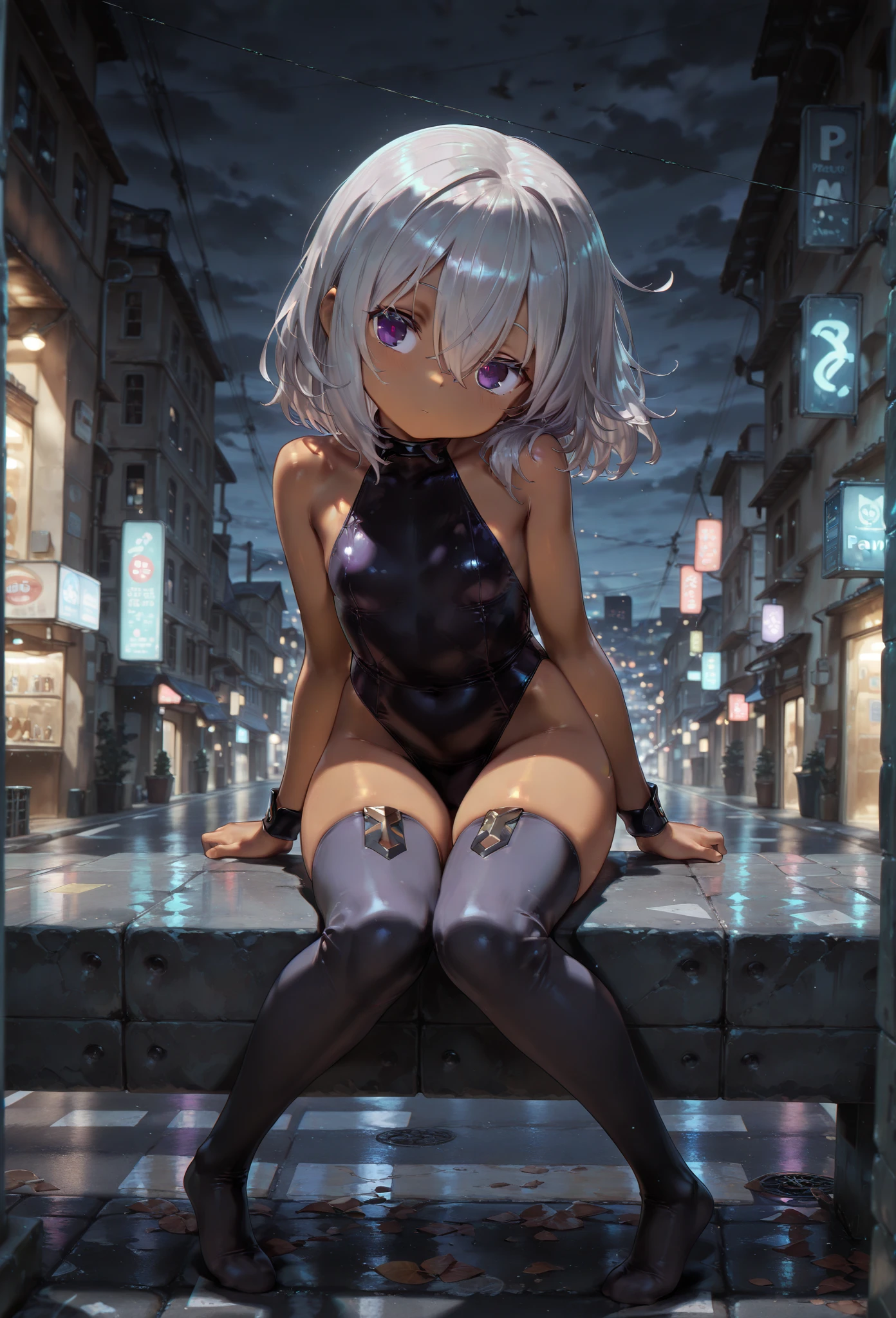 beret、camel toe:1.4、erect nipples:1.3、(((long gloves:1.3)))、brown loafers、oil skin、Latex black calf length socks、Open your thighs wide to the left and right、squat on the ground、show off your crotch to the viewer, ((enamel bondage:1.3、sit, spread your legs:1.3, arm behind head ))、12 years old、absurd、bob hayne hair、flat lighting、elevation angle、sexy pose、highest quality、Complex、surreal、perspective, very detailed, detailed background, shape、1 girl、alone、small breasts、light smile, embarrassing, blush, Poolside, (Sweat), (vapor)