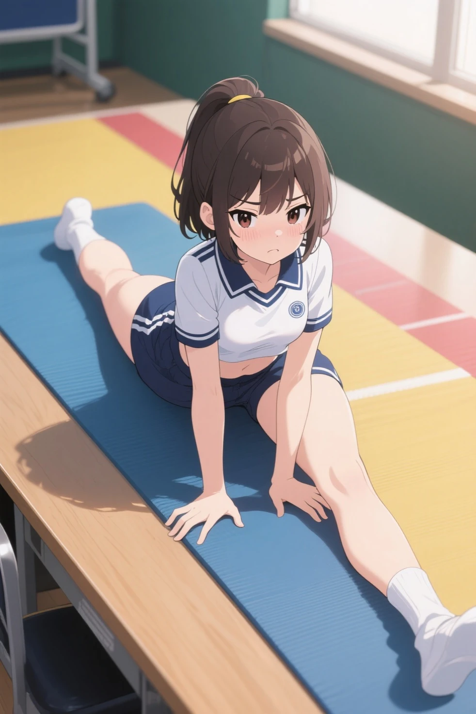 Elementary school girl 8-year-old Flat Chest Black Hair Long Hair Purple eyes 1 person Glasses Short-sleeved sailor suit Navy blue mini skirt White panties White socks sneakers School Library Crouching Dynamic Angle Low Angle
