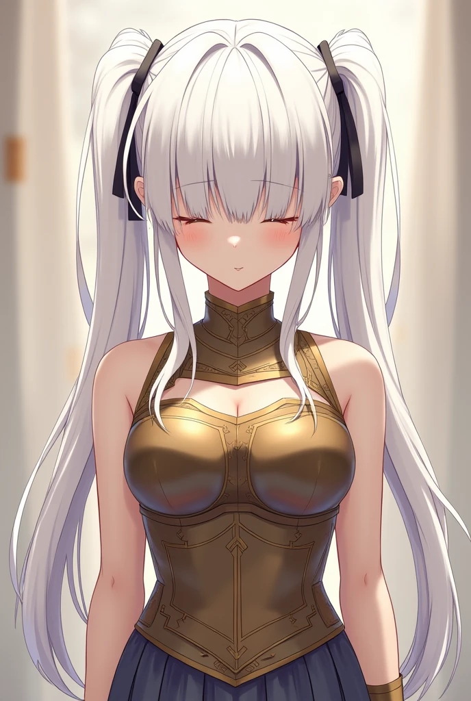 Atlas Fayon woman 40 years old, white hair with black stripes ,white tiger ears, closed eyes, mujer ciega con closed eyes, serious expression, blush,  Pale skin, big breasts, lara croft costume,  Lara Croft cosplay . background some ancient ruins neckline.