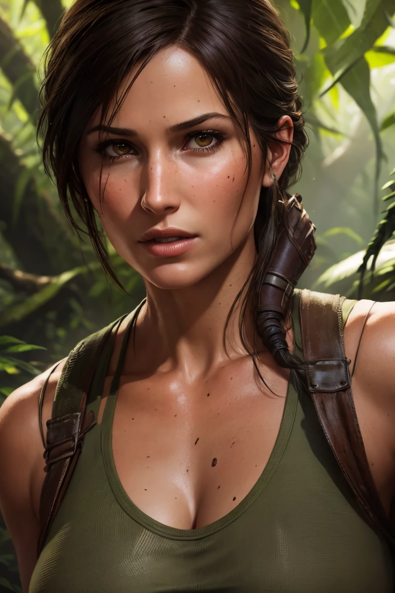 A portrait of Lara Croft with piercing brown eyes, set against a lush jungle background with warm golden lighting, photorealistic, dslr, 8k, inspired by tipseason.com, ultra realistic