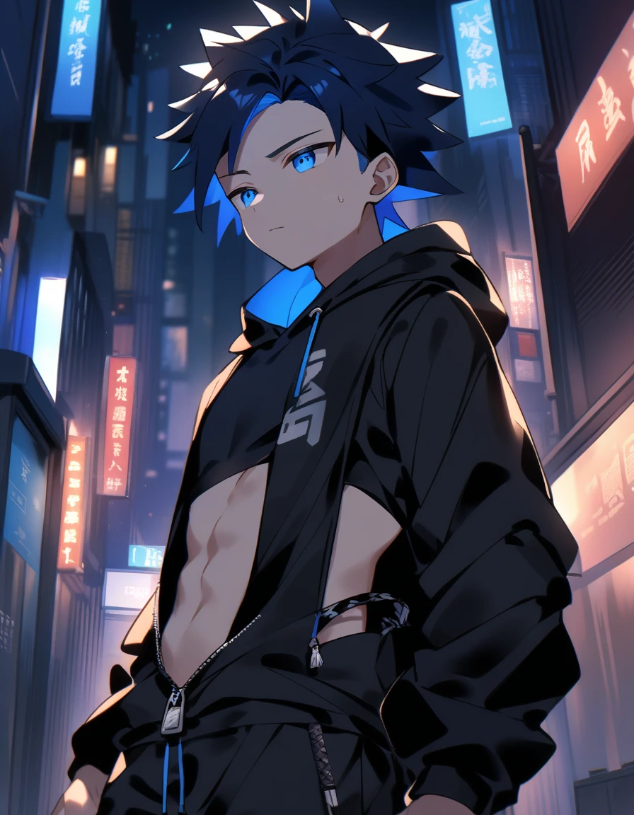 Furry dragon，bit girl，dark gray，Blue-and-black hair，Orange eyes，adolable，Black skin，It has a blue pattern，Pure black pedal socks，Pure black pedal socks，full bodyesbian，nakeness，Shota，emaciated，emaciated，is shy，4K quality，Extreme light and shadow，Smooth and reflective skin，Black shirt，Black cropped pants，The erection
