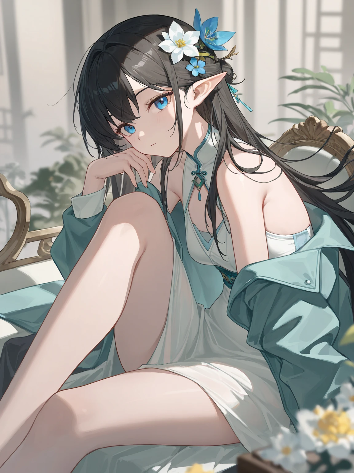 one young woman, (pale skin), (((slim body))), (((flat chest))), (((very flat chest))), (((extremely flat chest))), (((very small breast))), (((black hair))), (((black colored hair))), (((long hair))), (((straight hair))), (((no bangs))), (((no fringe))), (((her left eye is blue and her right eye is grey))), ((one light blue colored eye)) and (((one grey colored eye))), (((slanted eyes))), narrow eyes, pointy ears, (((one person))), ((single)), ((solo)), (((wearing fantasy clothes))), ((light blue colored clothes)), ((white colored clothes)), ((black colored clothes)), (((fantasy style))), white lilies in the background, (((wearing a short dress))), low cut dress