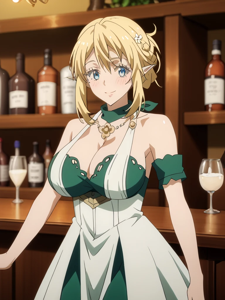 blunt bangs,green eyes,ringlets, twin drills,gold hair.lace, large breasts,princess,undress,corset dress,sweat, steam,showing armpits, empty eyes ,smug,bed_invitation,fellatio gesture