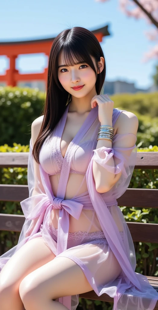 (8K、RAW Photography、top-quality)、(realisitic、Photorealsitic:1.37)、女の子1人、japanes、23years old、femele、during night、(Realistic, Photorealistic: 1.37), (Face Focus: 1.1), Cute face, ,Upper eyes、sexy body,dark brown hair、shrine maiden hair ornament、long hair bob cut、详细的脸、Detailed lips、detailedeyes、Casual attire、More skin、large full breasts, garments(shrine maiden,Beautiful satin purple kimono), Kindness, ( stand with legs spread apart, thighs thighs thighs thighs:1.2), small lace pants(Gold color), Movie Lighting、Night city、BREAK (Natural Skin Texture、Detailed skin、Hyper-Realism、ultra sharpness)、超A high resolution、top-quality