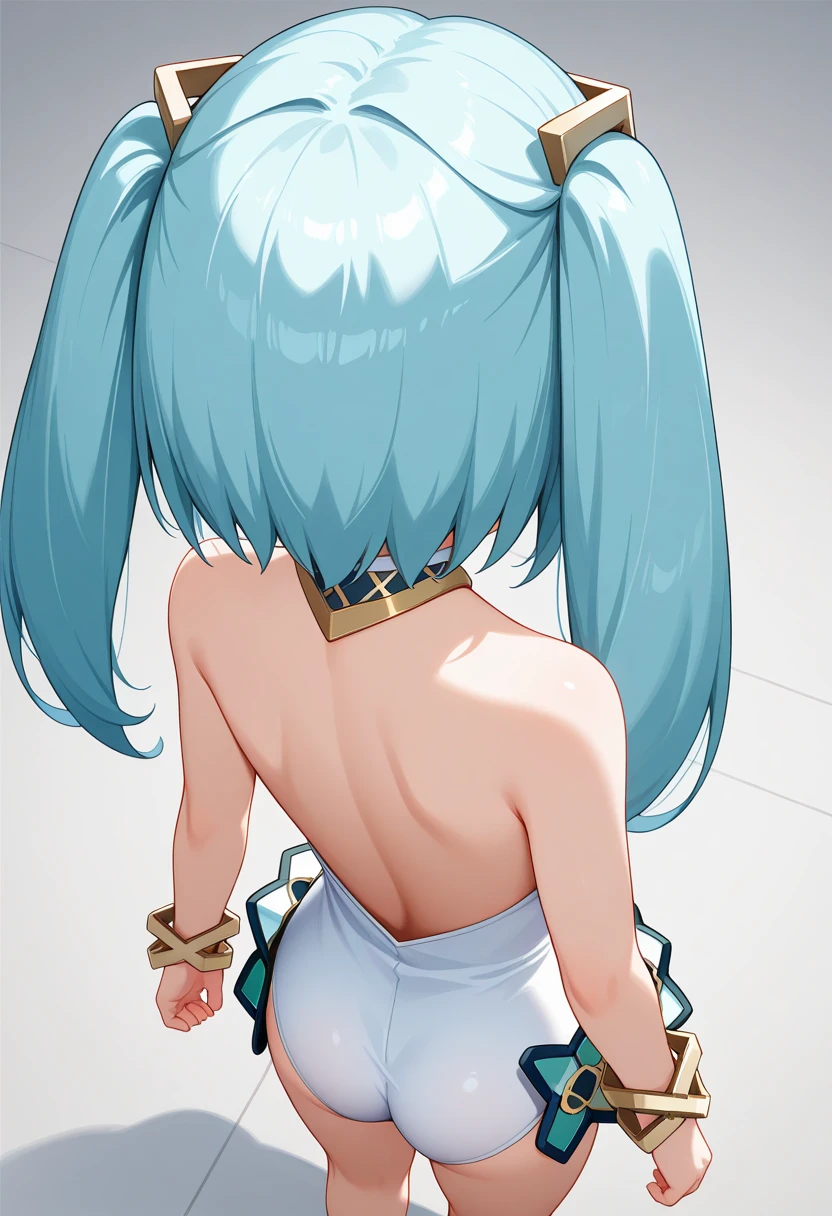 on stage,full body,{{{bunny hip}}},{{{bunny back}}},{{{white bunny suit}}},from back, yugumko, looking away, green hair, long braid, (((masterpiece))), Diffuse Light, Dynamic Shadows, Sharp focus, Genuineistic, detailed, High resolution, Absurd, White Background, very good, photoGenuineistic, Genuine, mascara, blush, Sleeveless, like々New Look, (((Place your hands behind your back)))
