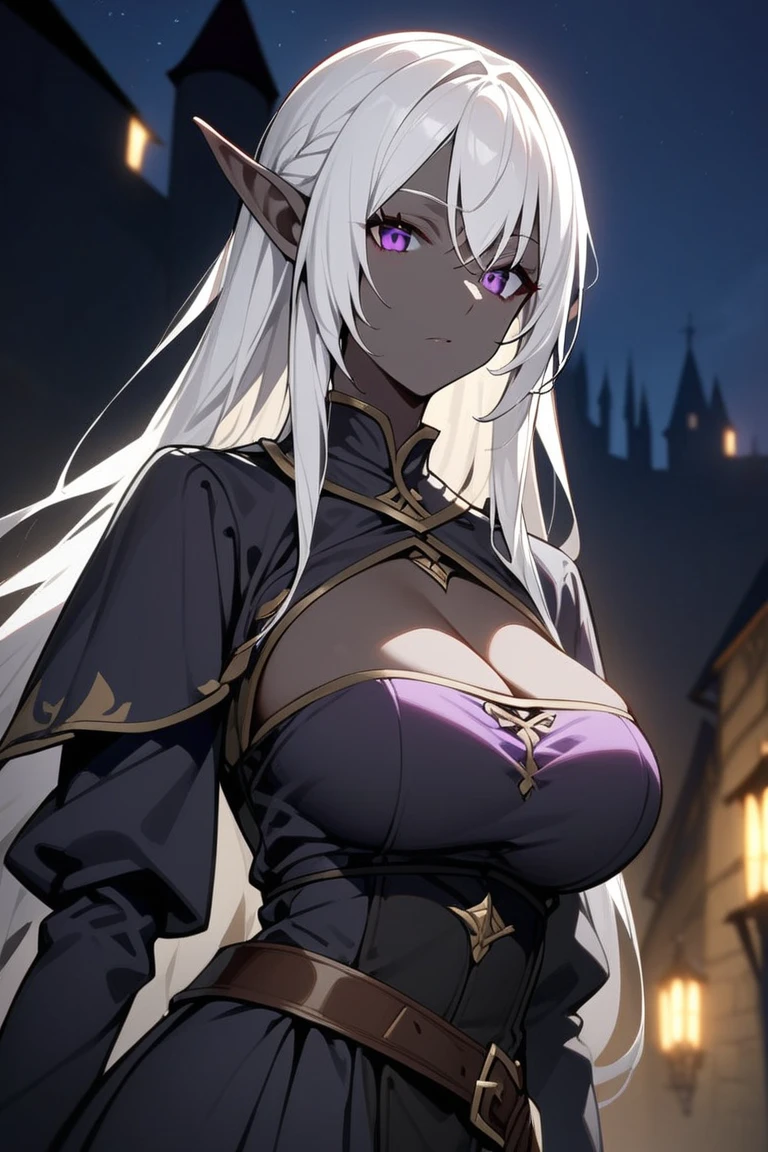 (Masterpiece, best quality, highres) {{Artist: Sincos}} 1 woman, elf, solo, tan skin, silver hair, long hair, purple eyes, lips, big breasts, curvy, black victorian dress, high slit dress, exposed thighs, ponytail, purple cloak, cruel smirk, half-lidded eyes, leaning forward slightly, in dark courtyard, dark clouds, manor in background, pov, looking right ahead, looking at camera.