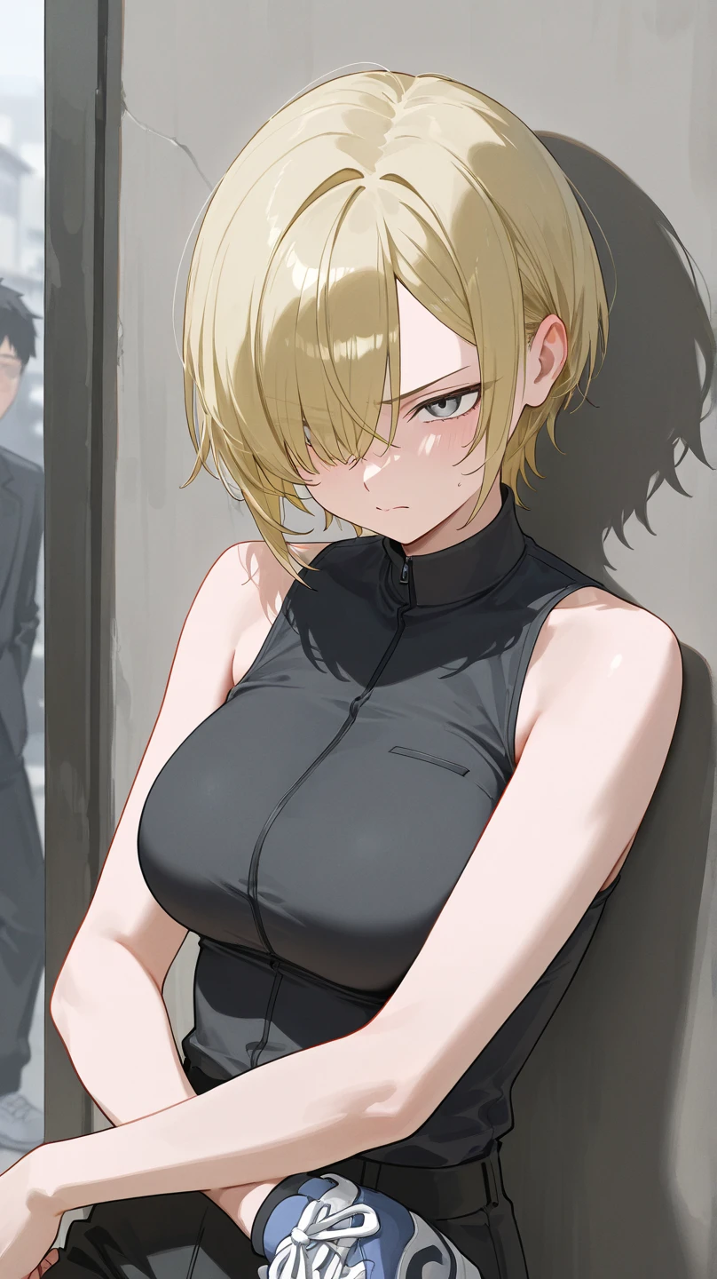 highest quality, High resolution, full body,AND18, 1 girl, android 18, alone, golden hair, blue eyes, short hair,earrings,big breasts, frown,troubled face, Sweat,1 girl, Black tight suit, streak,looking at the viewer,