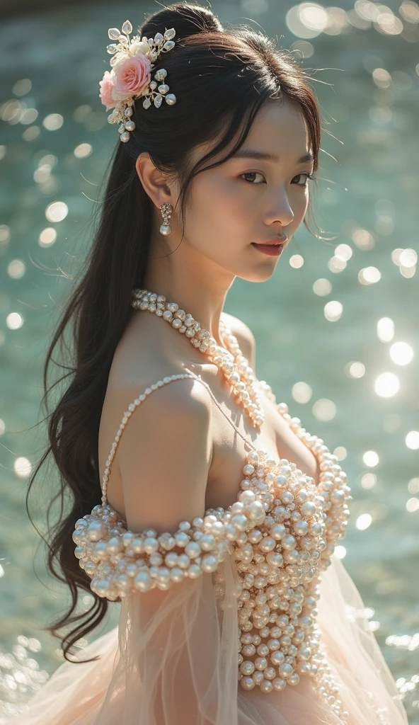 Beautiful euroasien women, black haitr, in a white short summer dress mesure 120 60 90 (cm) with beautiful cleveage background should be castle versaille garden.