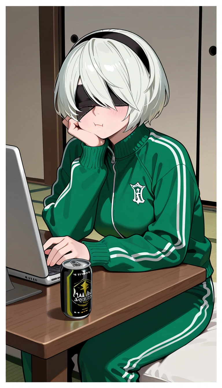 (Beautiful Girl : 1.3),1 girl,(2b_\(nier:automata\)),(green jersey hidden at the teaching table,jersey pants),grumpy,Cheek resting on hand,computer,Canned beer,tatami, messy Japanese-style room ,masterpiece,Highest Quality,Rich Contrasts,High Definition,8k,High Definition CG Unit Wallpaper,Textures,unbelievably absurd,RAW pictures,Deep Border 1 .2,Highly detailed