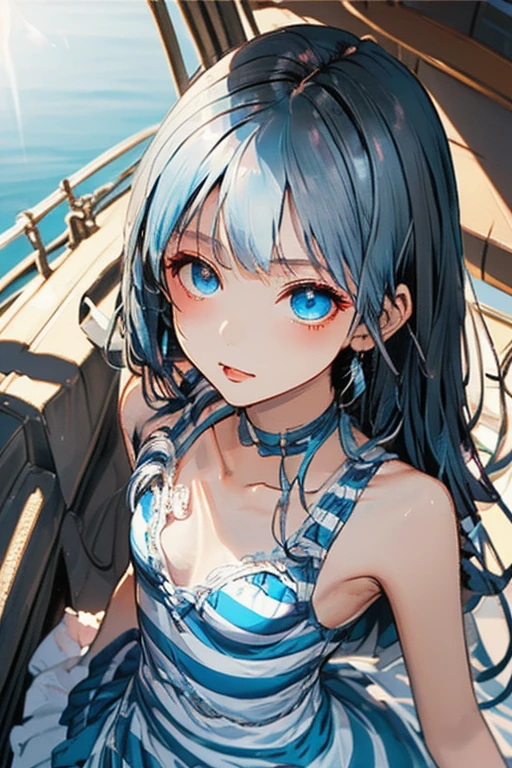 Silver-haired, red-eyed girl、Vampire、Wavy long hair、Ocean、blue sky、float ringに入っている、A sweet tsundere girl、White swimsuit、bikini、Decorations and accessories、