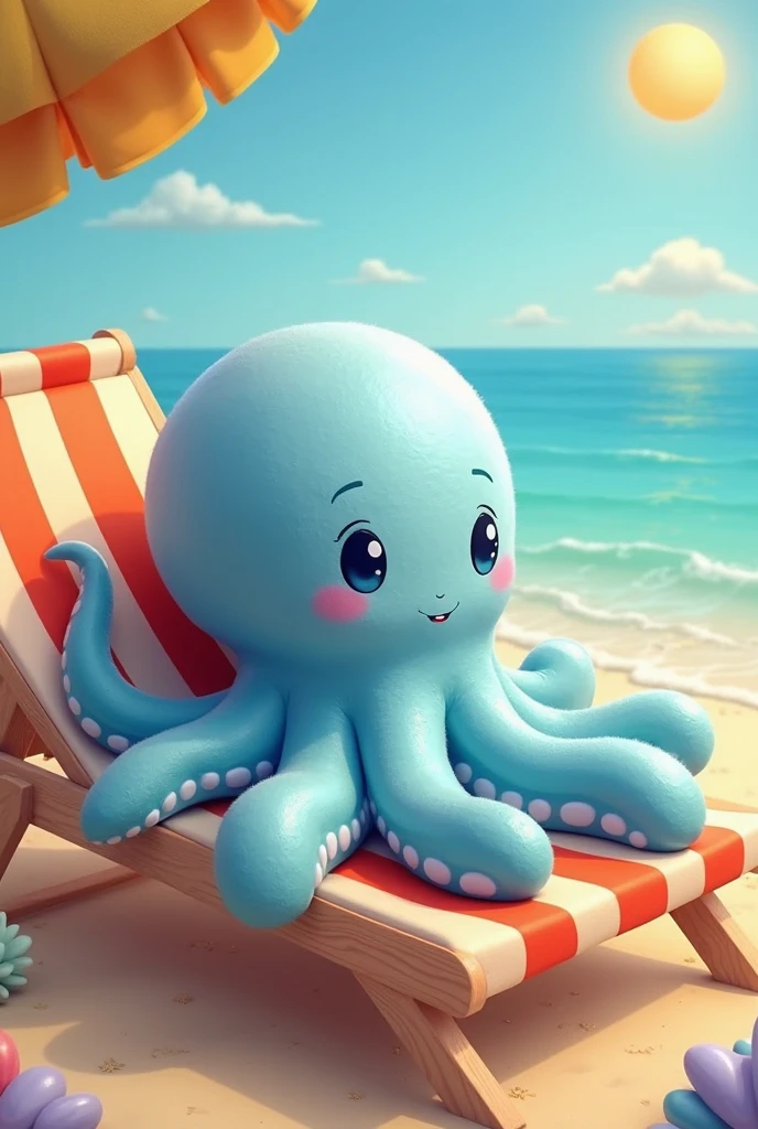 A red squid with only one eye.playing with a blue and white beach ball.