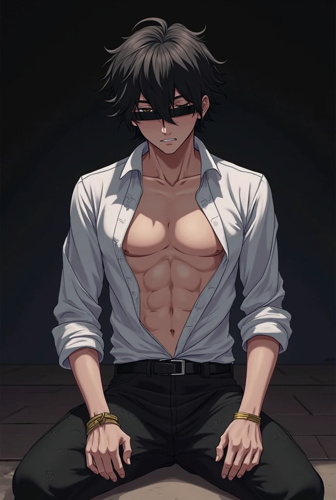 man, tall, muscular build, few scars on body, pale skin with medium messy black hair almost covered eyes, black eyes, mischevous grin, have sharp teeth, wearing black tight fit tank top, black pants, sitting on a fashionable chair, crossing legs, gloomy background, high quality, 4k, anime