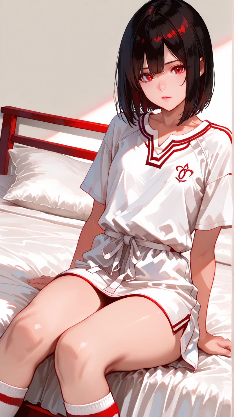 absurdres, RAW photo, extremely delicate and beautiful, masterpiece, Best Quality, ultra high resolution, 32k, hyperrealistic, ultra-detailed, Very detailed CG 8k wallpaper, Beautiful Lighting, Perfect Lightning, Realistic Shadows, perfect anatomy, super Detailed skin, Japanese woman, late 20s, very Slim body, narrow waist, very small head, handsome detailed woman, very detailed eyes and face, realistic face proportions, Stunning detailed eyes, Realistic beautiful face, very small face, Realistic small beautiful eyes, tearful mole, earring, beautiful and very thin legs, beautiful and very thin thighs, very huge round breasts, medium hair, black hair, full body shot, (volleyball uniform:1.2), (shorts), bed,