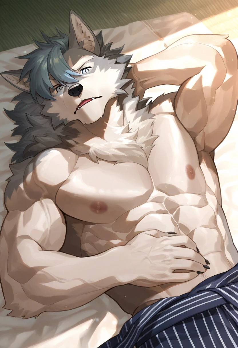 Anthropomorphic cat. Muscular gray brindle coat. green eyes. Black hair is naked. Black stripes on his arms and gray fur all over his body but not on his hands and paws.. White fur hands. And white fur legs. From ahead. He has a very small small penis