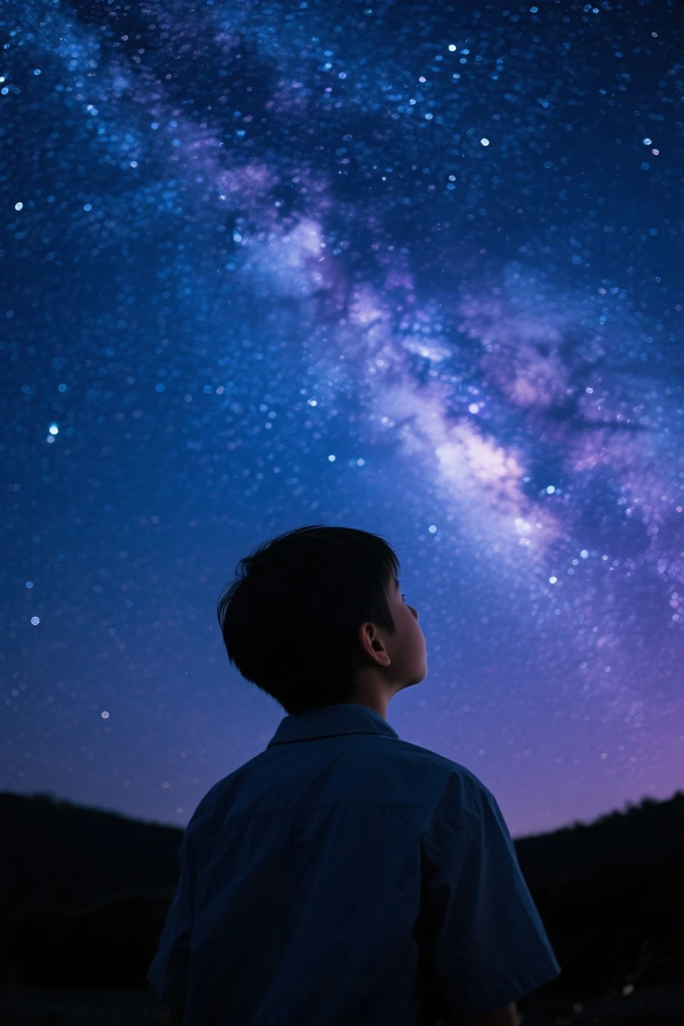 Cool black-haired boy looking at the night sky, Ghibli style