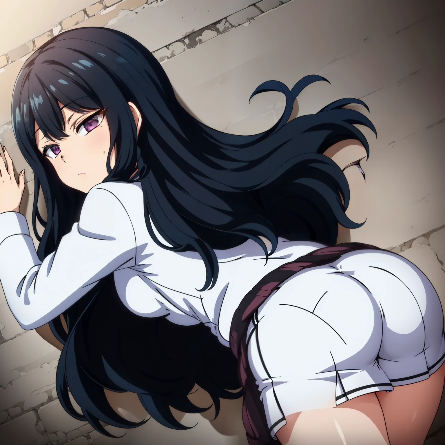 (masterpiece, best quality, high resolution, 8k:1.2),anime art style, nozaki yuu, anime, (small ), (narrowed eyes, eyes half-closed, jitome, rolling eyes :1.2), (eye light: 1.2), closed mouth, blue hair, very long hair, (wavy hair:1.2), purple eyes, beautiful eyes, highly detailed face, (short:1.4), Detailed CG, expressionless, (solo), nffsw, (white shirt, jewelry, skirt),(sexy back pose, , wall),  (), looking at the viewer, in the center of the image, (cowboy shot), dutch angle, 