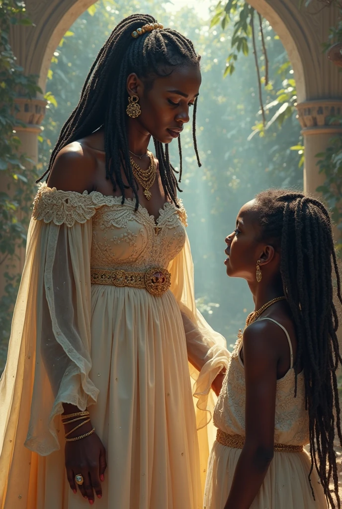 Visualize Queen Ranavalona III and her young niece , Reine de Madagascar, une femme blasian avec des traits distinctifs. Sans couronne. She is sitting in her room with her niece whom she looks at tenderlyNo text on the picture, Please.