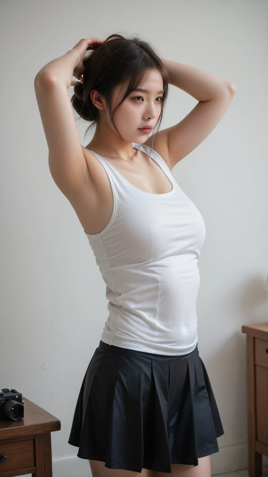 (bright face:1.3), (bright body:1.3), medium shot, photography of (asian:1.3), (25 year old woman:1.3), (solo:1.3), (wearing shorts and a tank top:1.2), standing up, Torptits, stretchmarks and veins on tits, (looking at viewer:1.3), (eye contact:1.3), on the front porch, in golden hour, flat lighting, (soft saturation:1.2), analog style, <lora:Torptits_LORAV10_2:0.65>