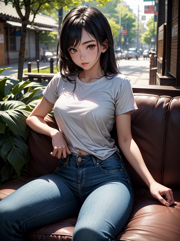 (best quality,4k,8k,highres,masterpiece:1.2),ultra-detailed,(realistic,photorealistic,photo-realistic:1.37),young beautiful girl(1girl),brunette,anime character appearance,detailed eyes and face,entrancing rose colored eyes,toned,chiselled physique,slender,wearing full-sleeve t-shirt and black jeans,deeply in love with the viewer;shy smile;teasing the viewer; adorable; surreal