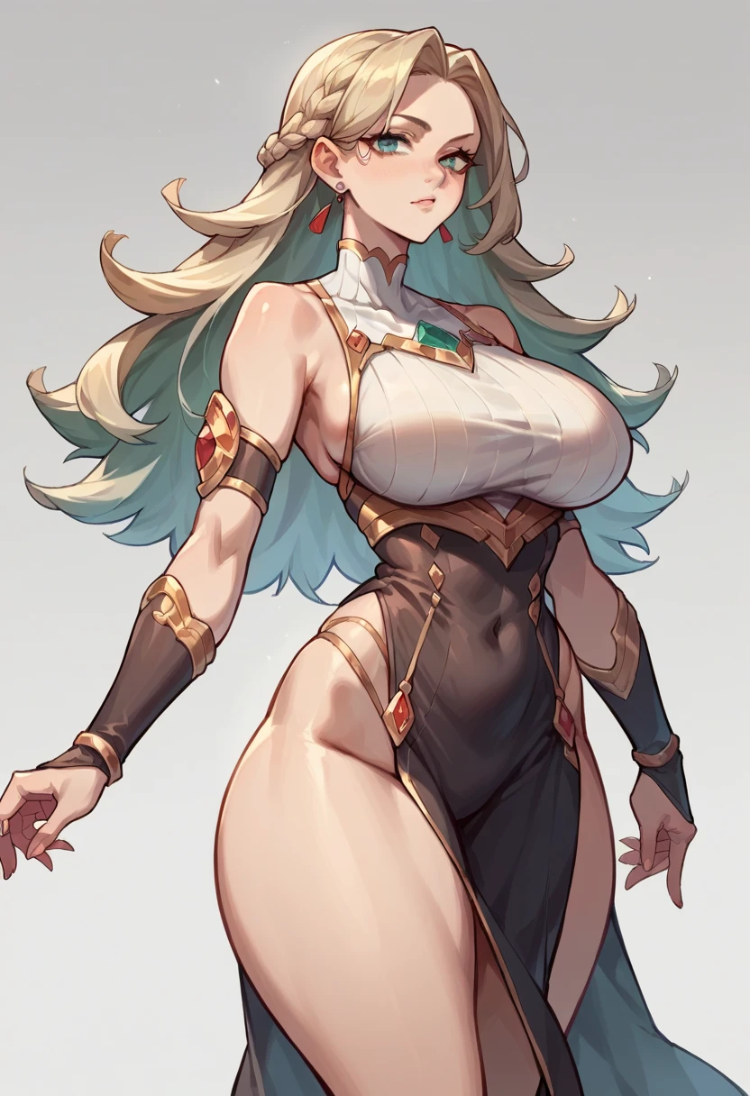 (masterpiece, best quality:1.3), Madbanana, 1girl, solo, looking at viewer, wide hips, mature female, white background, simple background, closed mouth, seductive smile, large breasts, cowboy shot, thick thighs, <lora:Madbanana Style Lora:.85>,  <lora:add_detail:.5>, amazon, dragons crown, bikini armor, black gloves, gloves, tattoo, navel, obliques, long hair, cleavage, feather hair ornament, blonde hair, circlet  <lora:AMAZON:.8>