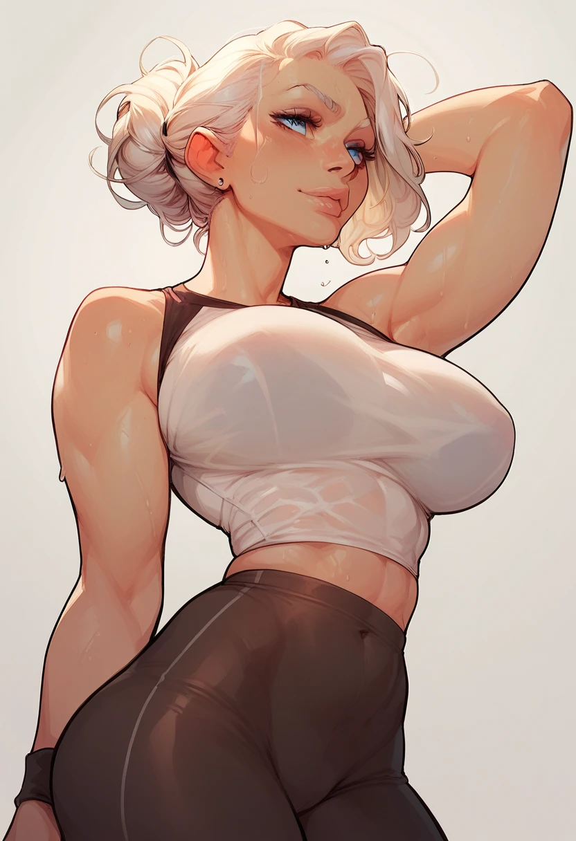 Dark-skinned milf,long white hair and cat ears,big breasts and tank top and leggings,Suada