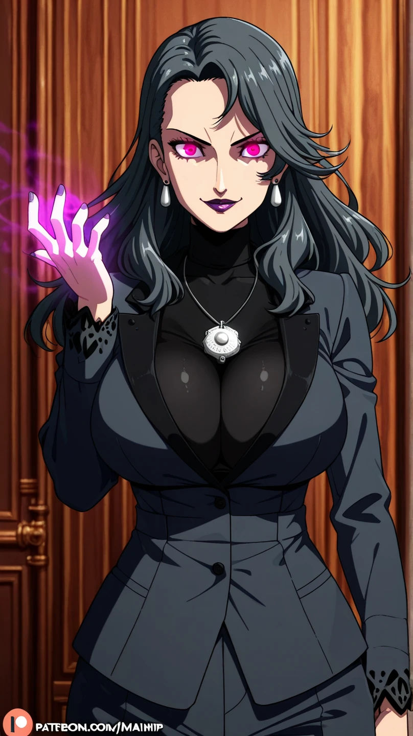 attractive goth woman, 20 years old, assassin, purple trenchcoat, necklace, earrings, hair over eyes, short hair, black lips, teeth smirk, huge cleavage, midriff, rain, city sidewalk
