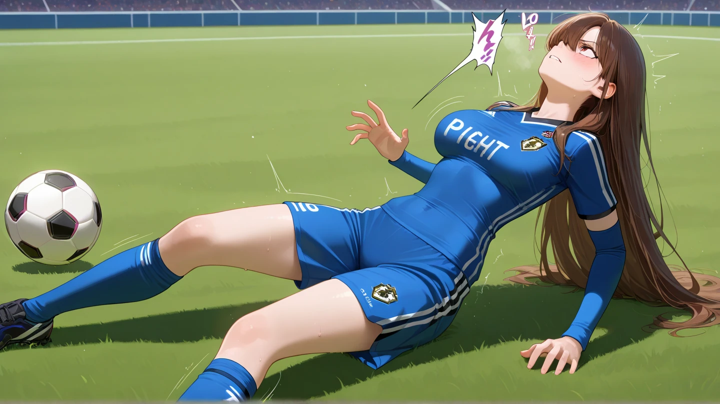 three woman,group shot,squat,open legs,torn uniform,background soccer field,orange color