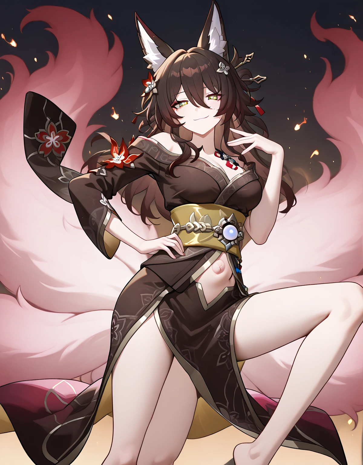 "comics demon slyar palette" girl with brown almond eyes and oval face , short curly brown hair, dressed in a black kimono and an orange blanket