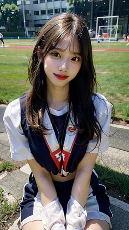 A cute,  Japanese girl at 20 who is as cute as a 15-year-old idol、Bikini-style cheerleader uniform、Sitting on the lap of a tall, middle-aged man in his 50iddle-aged man is her lover、Deep kissing her、Small bust size、whole body、Accurately depict hands, arms and body、RAW Photos、Genuine、High resolution、Life、No copyright notice