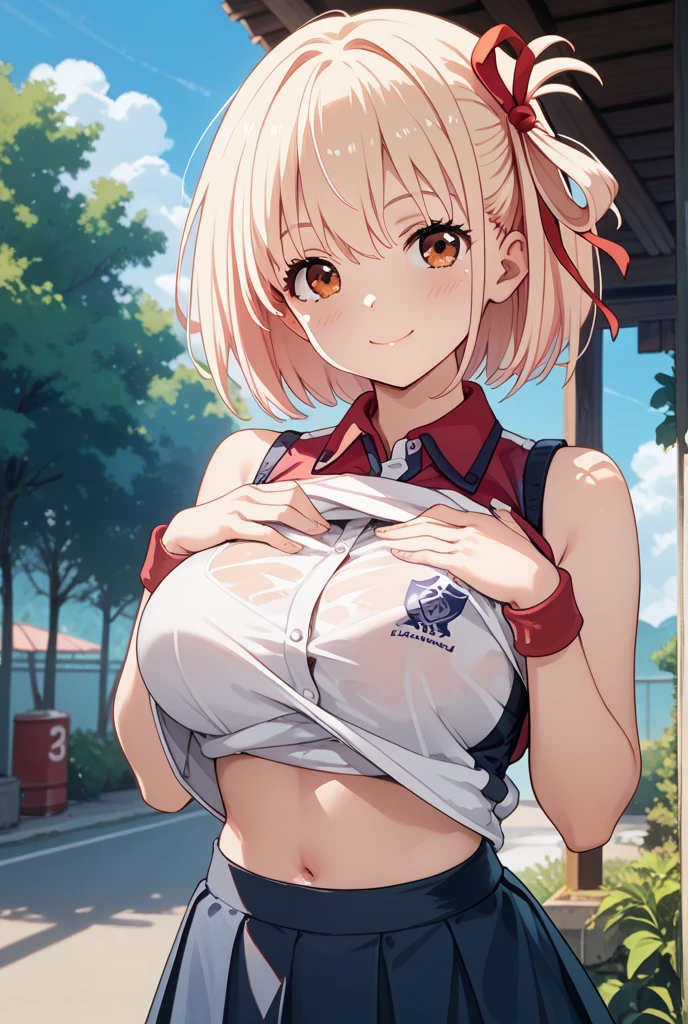 1girl, ultra high res, large chest, cleavage, white shirt, gym shorts, smile, open mouth, sky background, very low angle view