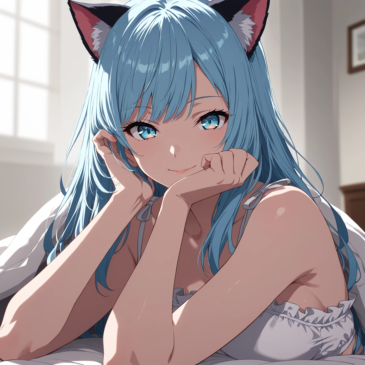 {{masterpiece, extremely detailed, 8K, absurdres, high quality shadowing}}, {side view}, best quality, {solo}, {{extremely detailed girl}} perfect body, {{bare shoulders showing}} {slim waist}, {slim legs}, {{high school girl}} {{{{detailed fingers}}}}, {{{detailed legs}}}, {{{{extremely detailed shoulder length dark grey white hair}}}}, {{{luscious curly braided hair}}}, cat ears, {{pink inner cat ear flaps}}, {{{extremely detailed eyes}}}, {{{{sharp white cat eyes iris}}}}, {{{{dark blue eyes}}}}, {{{{vibrant eye colors}}}}, {{{blushing}}}, {{cute shy smile expression}}, night clothes, {{{extremely detailed silver knitted fleece jacket}}}, {{{detailed black lace lingerie}}}, {{{detailed dark blue fuzzy slippers}}}, {{sleeping on a bed facing the ceiling next to a window with a planter sitting on it}}