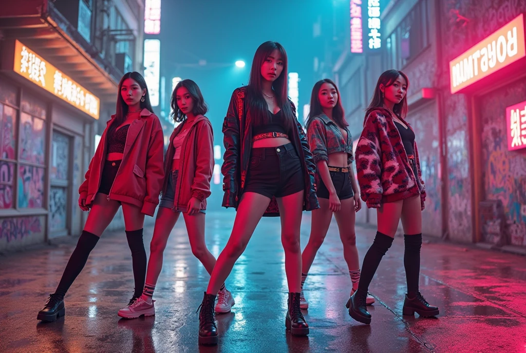5 Korean Girls Dressed in Cyberpunk Outfits, only the part from the waist up appears, in a neon city