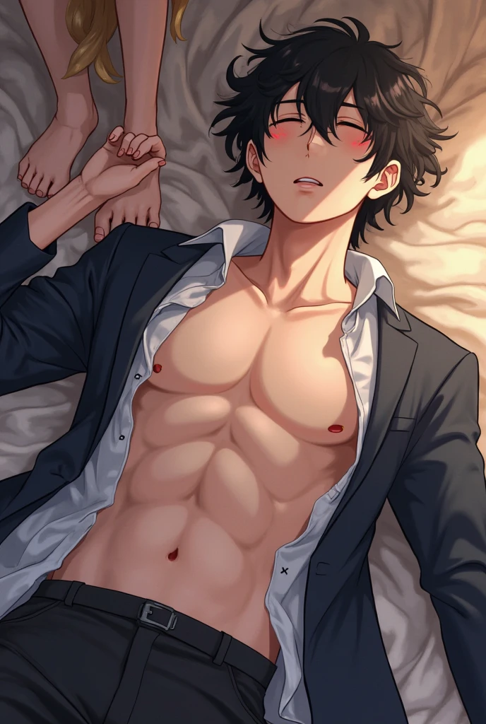 A man,((Mature man)),Adults,Black Hair,Handsome,a flat chest,Tights,Slim waist,Showing belly,Smooth legs,blush,Lying in the flowers,