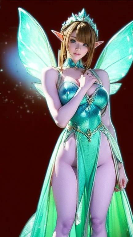 a beautiful elf with blue fairy wings, the elf has long and voluminous blonde hair and blue eyes, wearing a white latex bodysuit that fits her body well and a seductive neckline, large breasts, ((Jessica Matten)), curvy body, dynamic poses, professional rehearsal, Jessica Matten, fairy, garden blackground, attention to detail, focus, sharpness, absurd details, realism, hyper focus, perfect fingers, well-drawn lips, clear face, green aesthetic, colors in tone pastel, fhd, 4k, high resolution, dynamic poses, clear faces, soft expressions, gentle smile
