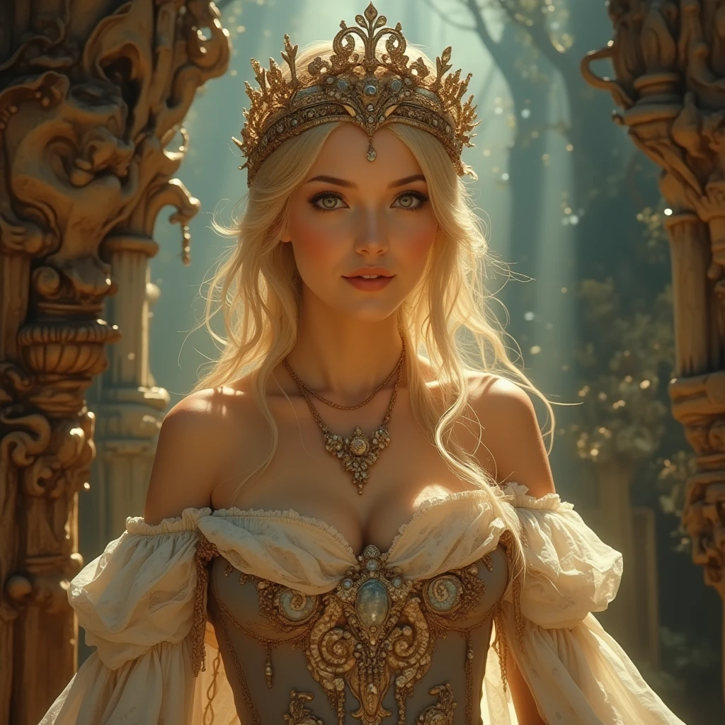 a radiant fantasy landscape, a girl in the center, beautiful detailed eyes, beautiful detailed lips, extremely detailed face, long eyelashes, ornate golden crown, intricate golden jewelry, flowing dress, ethereal glowing aura, sunbeams shining through clouds, vivid colors, dramatic lighting, dramatic cinematic composition, photorealistic, highly detailed, 8k, best quality, masterpiece
