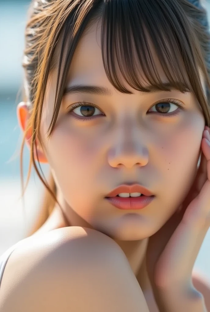 ((8k)), RAW photo, ((masterpiece:1.)), 21 years old, one woman, smile, Completely naked, realistic body, cleavage, tall, good figure, large breasts, bob hair, mediumseagreen hair, cadetblue eyes, swimming pools, illustration style, japanese, beautiful wombutt, cute face, big eyes, slanted eyes, thin lips, (RAW photo, A photograph from the top of the head to the soles of the feet, masterpiece:1.2), ultra detailed, ultra high res, (realistic, photo realistic:1.37), professional photograph, Amazing, portrait, high detail RAW color photo, huge file size, official art, cute face, extremely detailed CG unity 8k wallpaper, extremely detailed skin, an extremely delicate and beautiful, extremely detailed beautiful girl, extremely detailed face, extremely detailed eyes, extremely detailed fingers, extremely detailed nose, extremely detailed mouth, perfect anatomy, highly detailed background, finely detail, extremely detailed, famous japanese idol, best quality best quality