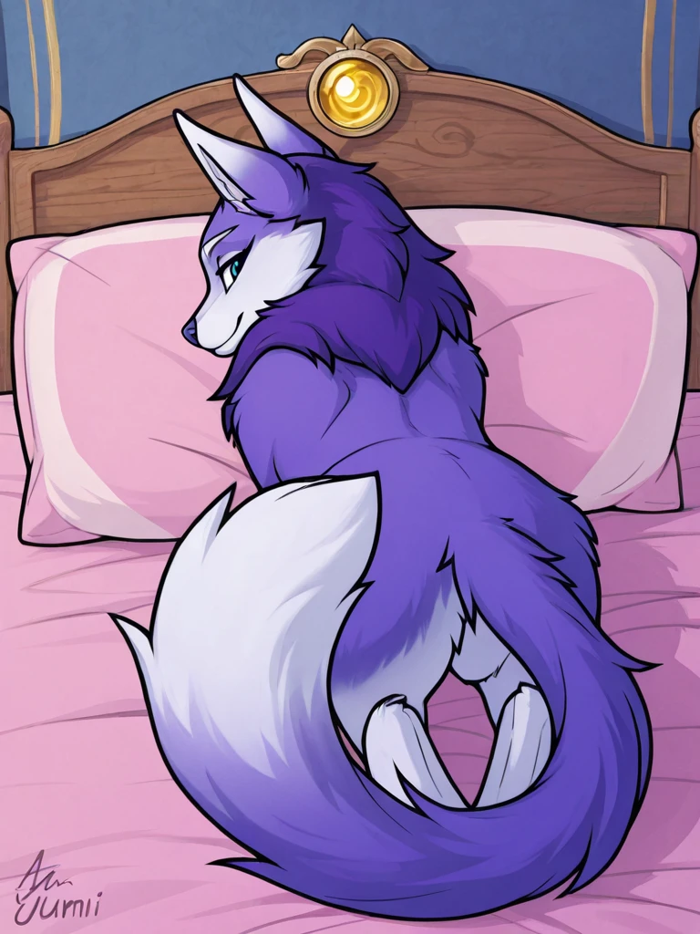 Cyan male furry wolf with white fur showing pink anus lying on bed