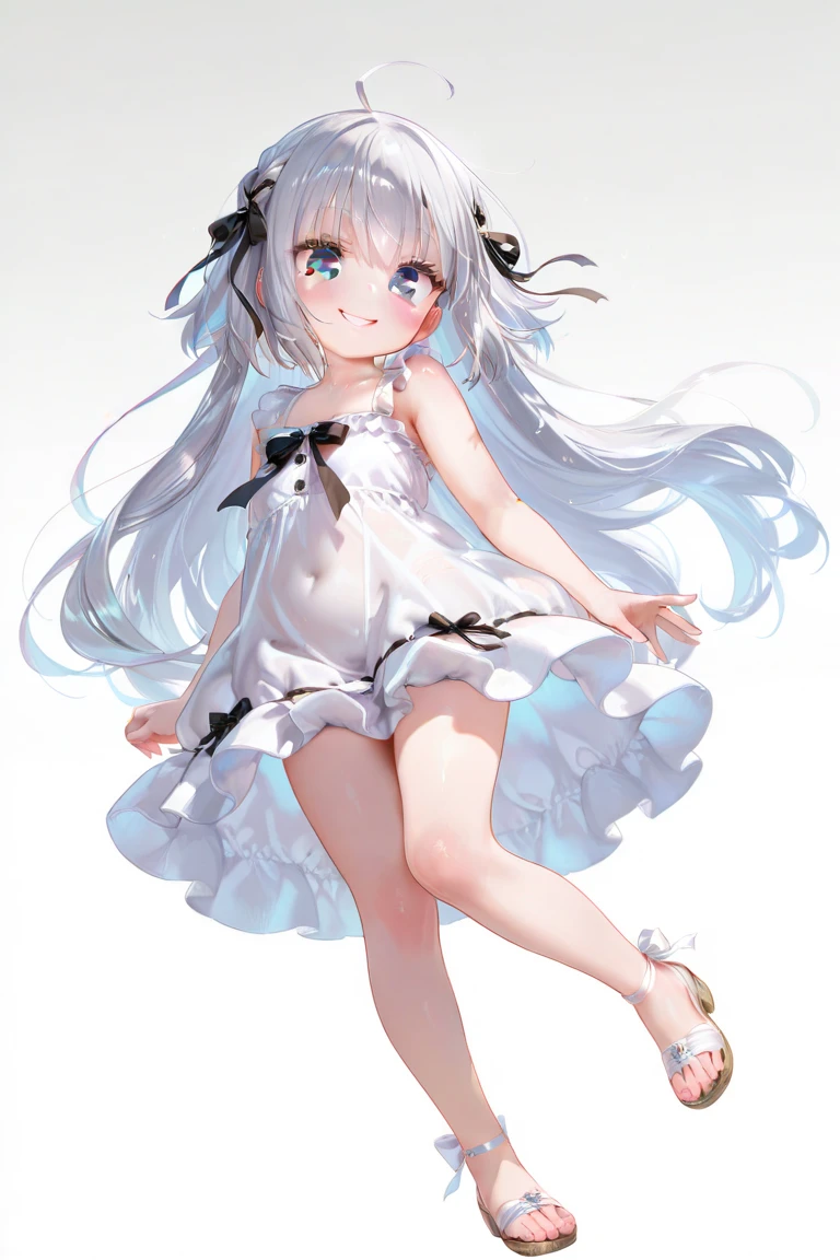 (muste piece), (best quality), (score_9, score_8_up, score_7_up), very detailed eyes, expressive eyes, perfect face, very detailed face, highly detailed face, beautiful girl, 8K, beautiful girl, white background, delicate and beautiful face and eyes, dark intense shadow, 
1 girl, vtuber style, cool girl, Nijisanji, Makaino Ririmu, streaked hair, low twintails, white sundress, sleeveless dress, suspender dress, dress bow, small chest, clavicle, one hand on head, one eye close winking, smile, ass visible through thighs, (full body), straw hat, naked thighs, sandals, standing, 
