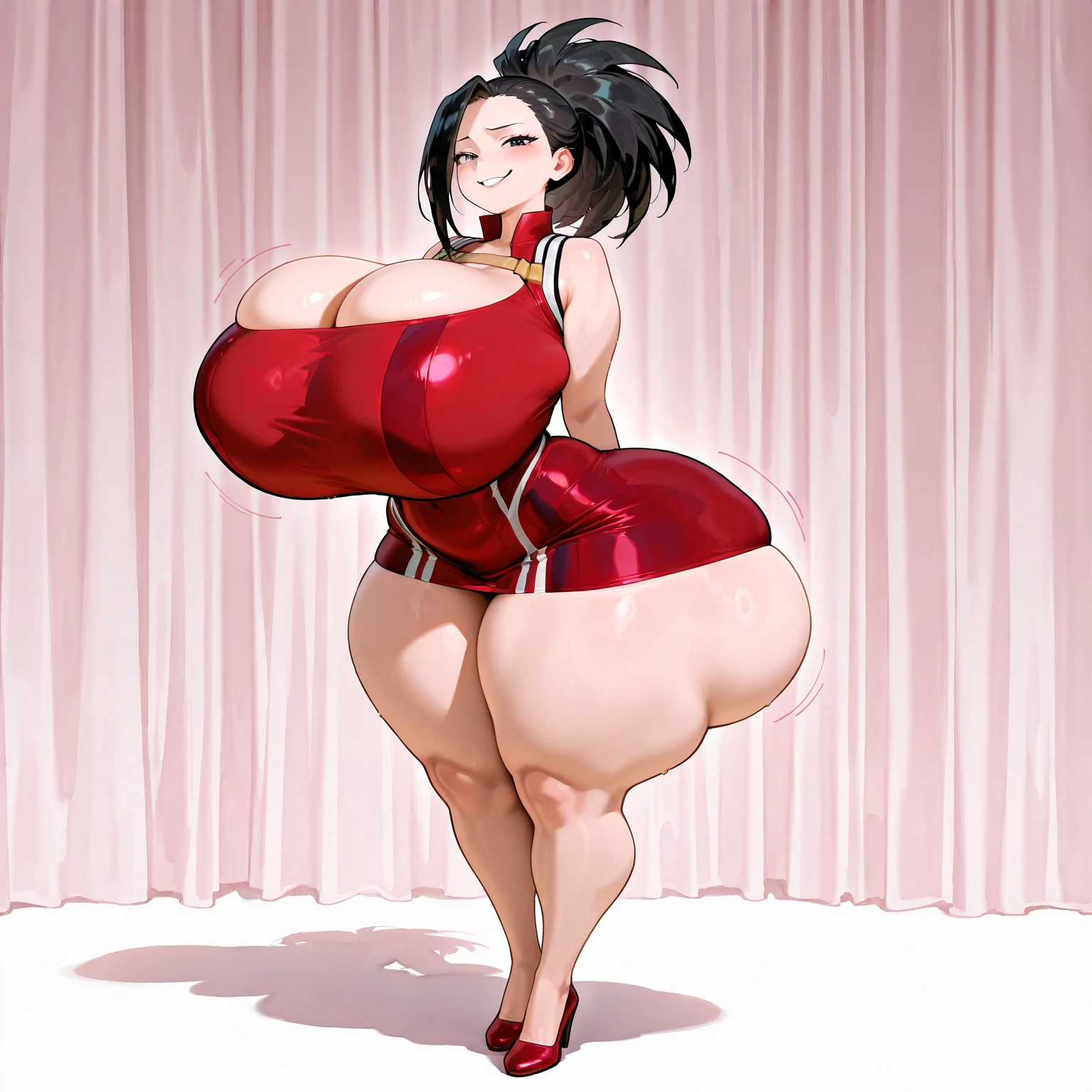 cartoon woman in red and purple dress sitting on a purple ball, oppai proportions, biomechanical oppai, oppai, large breasts size, is wearing a dress, full body view, insanely inflated hips, full body zenkai! asuka suit, with a large breasts, misa amane, with large breasts