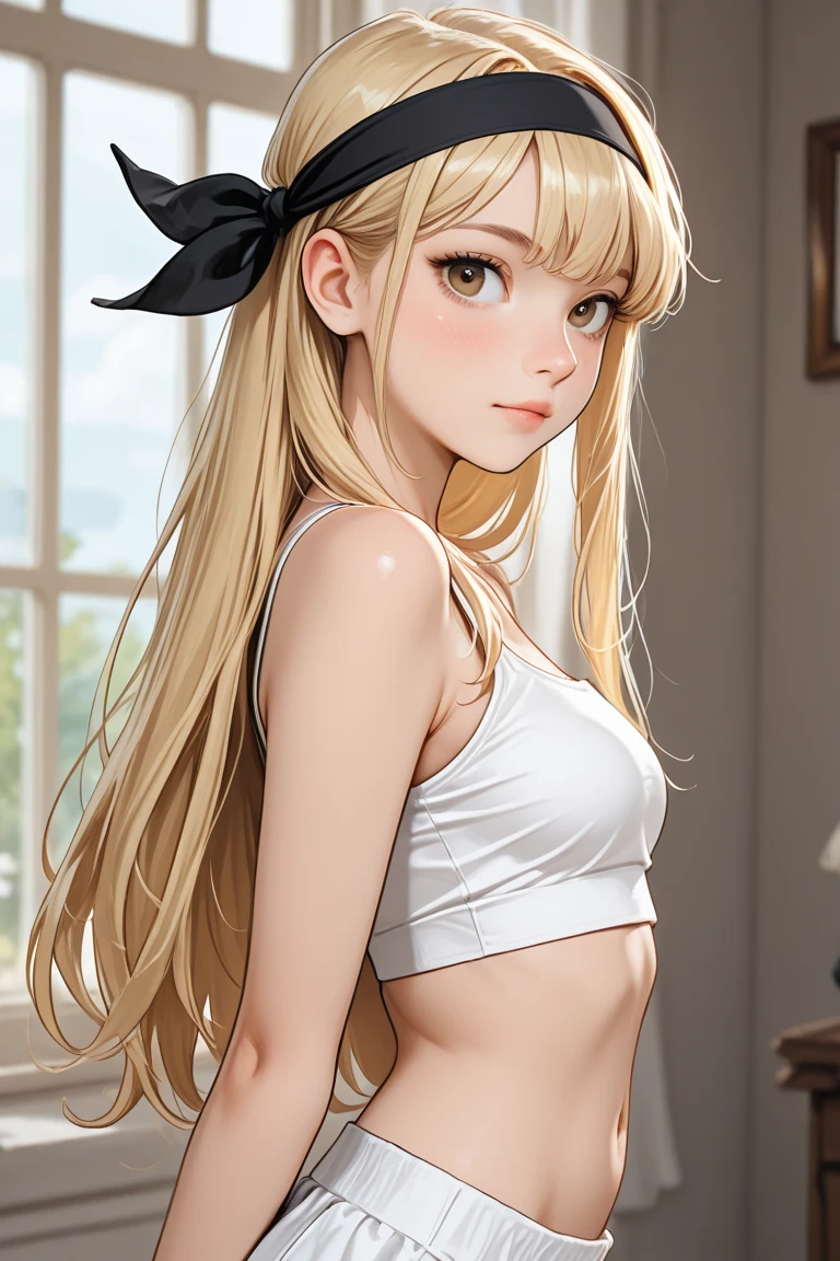 beautiful girl, attractive face, green eyes, sharp eyebrows, broadly smiling, big breats, layered long twintail blond hair, blush eyeshadow, thick eyelashes, applejack hat, white  lingerie, bedroom, inside,, (Highest Quality, Amazing Details:1.25), (Solo:1.3), Brilliant Colorful Paintings, full body, dark skin,