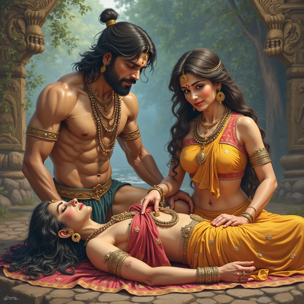 An old Indian sage, meditating on a forest, saffron clothes, a young beautiful woman, looking at him, wearing a white saree, large breasts, deep cleavage, by Luis royo, by Frank frazetta, by Boris vellejo --auto