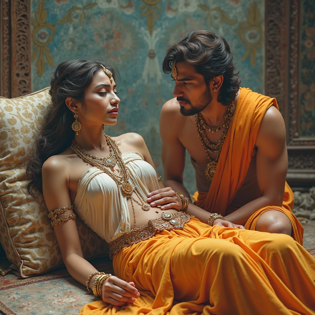 A stunningly beautiful shemale boy, a vision of grace and allure, dressed as an Apsara in the intimate confines of his home. He stands in front of a floor-length mirror, meticulously applying the final touches to his exquisite makeup with a delicate hand. The soft glow of candlelight casts a warm, flickering ambiance across the room, enhancing the rich hues of the red bra-type blouse that clings to his firm, yet delicately curved chest. The blouse is adorned with intricate gold embroidery that sparkles with every movement, emphasizing the seductive swell of his breasts. His sister, equally stunning in her own right, kneels beside him, her eyes focused and her hands deftly working to tie the drapes of a mini skirt-type saree around his slender waist. The vibrant red fabric pools around his hips, revealing toned, smooth legs that lead up to the alluring curve of his buttocks. The paleness of his skin contrasts dramatically with the vividness of the outfit, making him appear almost ethereal. Sheer fabric drapes sensuously over his lower body, hinting at the tantalizing secrets beneath while still maintaining an air of modesty. His sister's encouraging smile and gentle touches convey a sense of shared excitement and camaraderie. The room is a whirlwind of activity, with colorful accessories scattered across the floor and walls adorned with traditional art, reflecting the cultural richness of their heritage. The boy's long, dark hair cascades down his back, accentuating his high cheekbones and piercing eyes lined with kohl. His sister carefully places a garland of fresh jasmine around his neck, the sweet scent filling the air as the final piece of the ensemble. As they both gaze into the mirror, their reflections intertwine, a testament to the unbreakable bond they share and the transformative power of self-expression. The shemale's confidence radiates, a beacon of beauty and authenticity shining through the artful blend of masculine and feminine energy. The scene is a c