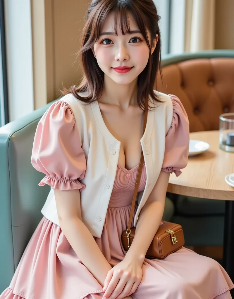 (8k, top quality, masterpiece: 1.2), (realistic, photorealistic: 1.37), super detailed, Japan person, 1 girl, cute, nice, adorable, beautiful detailed sky, detailed café, night, sitting, date, (blush), (smile: 1.15), (closed) big, big breasts, beautiful fine eyes, business wear, white lace, (short hair: 1.2), floating hair NovaFrogStyle,