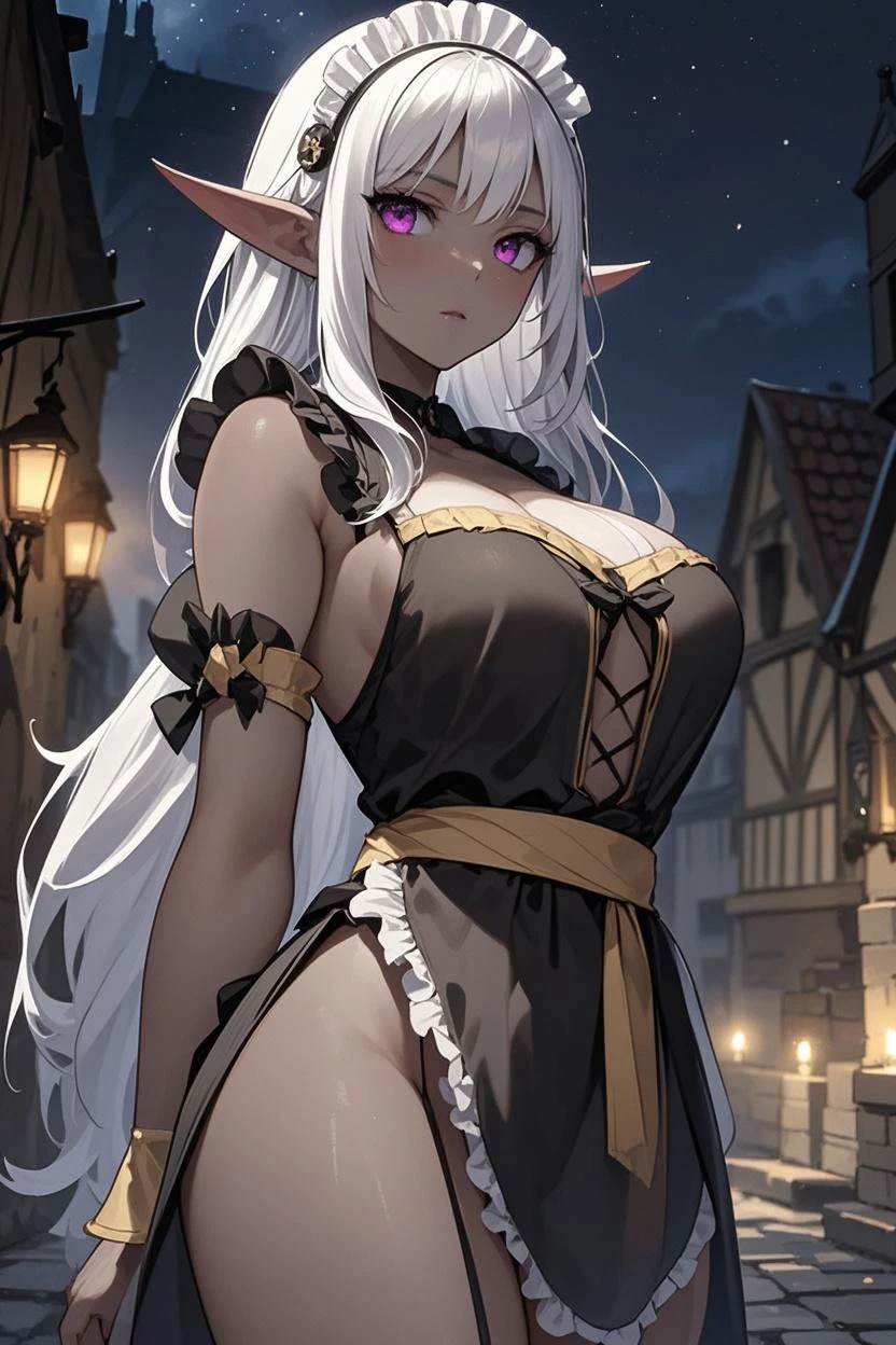 Elf, tan skin, L cup breast, thicc thigh and ass, exhibitionist dancer, see through face veil, tavern, clear view