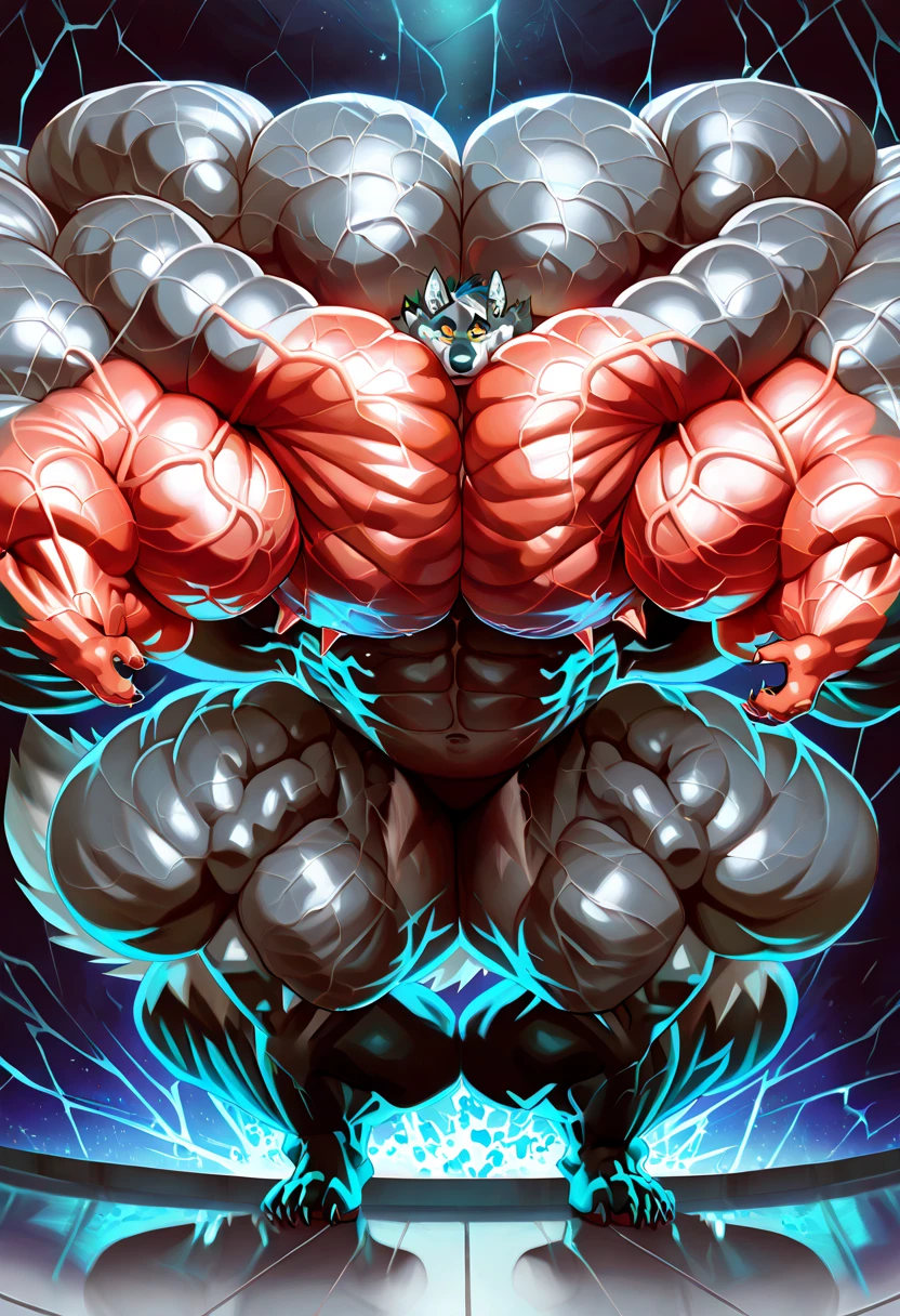Expanded, showing off more of his muscular body,
Enhance his muscle structure. Add more muscles.